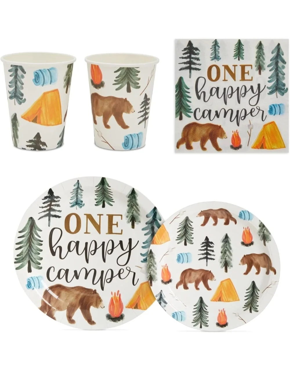 One Happy Camper Paper Party Plates, Cups & Napkins - Green Cutlery & More